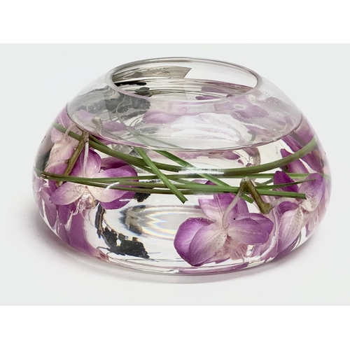 99 - Emilio Robba. A glass incased Purple Phalaenopsis flower bowl and matching candleholder by Emilio Ro... 