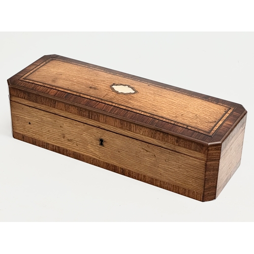 18 - An excellent quality 19th Century inlaid white oak, rosewood fall front glove box with rosewood inte... 