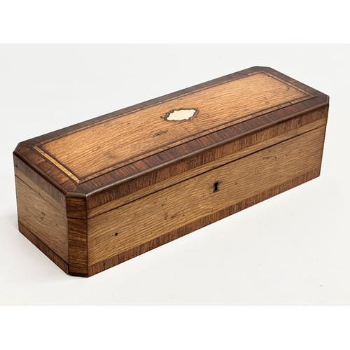 18 - An excellent quality 19th Century inlaid white oak, rosewood fall front glove box with rosewood inte... 