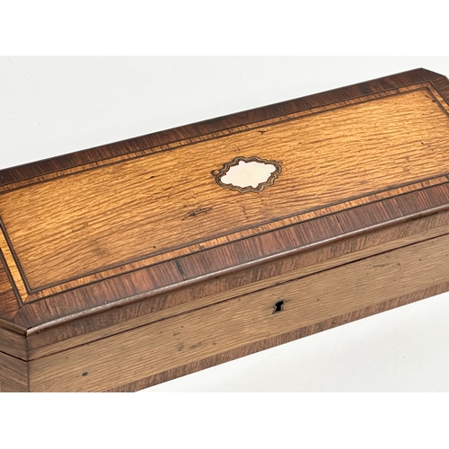 18 - An excellent quality 19th Century inlaid white oak, rosewood fall front glove box with rosewood inte... 