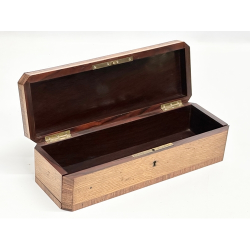 18 - An excellent quality 19th Century inlaid white oak, rosewood fall front glove box with rosewood inte... 