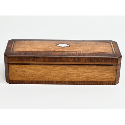 18 - An excellent quality 19th Century inlaid white oak, rosewood fall front glove box with rosewood inte... 