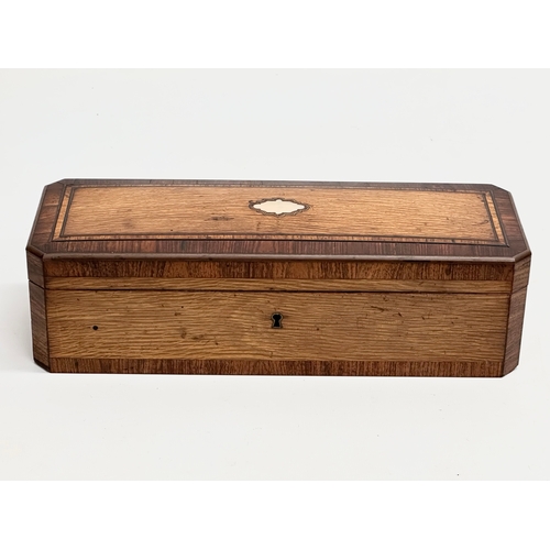 18 - An excellent quality 19th Century inlaid white oak, rosewood fall front glove box with rosewood inte... 