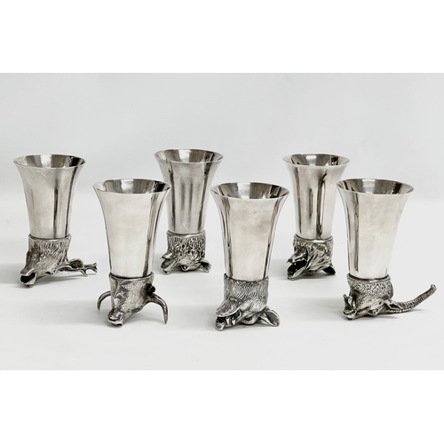 19 - A set of 6 excellent quality Valenti silver plated bronze hunting stirrup cups. Mounted with various... 