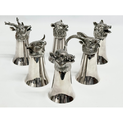 19 - A set of 6 excellent quality Valenti silver plated bronze hunting stirrup cups. Mounted with various... 