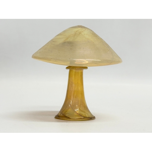 102 - 3 fine quality unusual iridescent art glass mushrooms. Possibly Bohemian. 17cm.