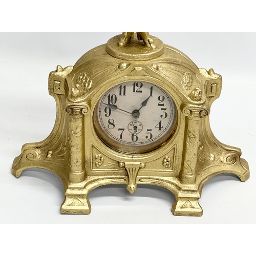 188 - A large Early 20th Century German painted spelter mantle clock. 29x47cm