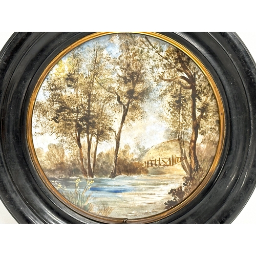 202 - A Late 19th Century painted porcelain wall plaque in wooden frame. 24cm