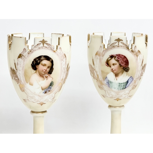 220 - A pair of Late 19th Century hand painted Bohemian glass goblet style vases. 28cm.