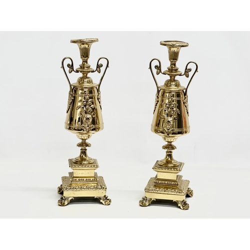 270 - A pair Late 19th Century Victorian brass garnitures. 12x13x38cm.