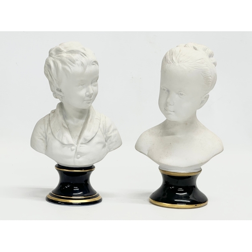 331 - 2 bisque pottery busts on cobalt blue and gilt porcelain bases. By Unterweissbach and Alexandre Bron... 