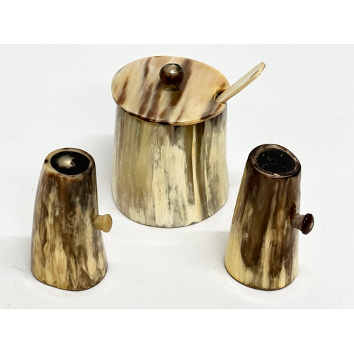 332 - A large vintage 3 piece Cow Horn cruet set. 9.5x12cm. 10.5cm.