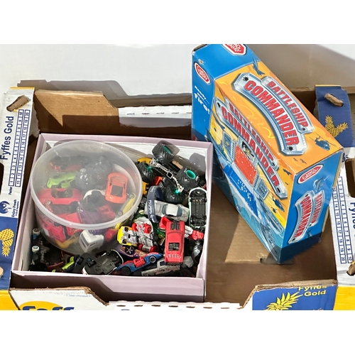 7 - A box of toys. A Bontempi B1 Organ with box. Toys cars, Battleship Commander.