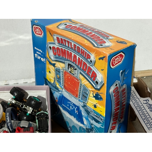 7 - A box of toys. A Bontempi B1 Organ with box. Toys cars, Battleship Commander.