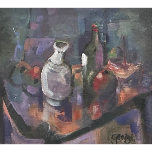 52 - George Dunne. Oil on canvas. Still Life Apples & Wine. 32cm x 29cm. Frame 48cm x 46cm