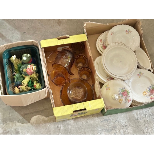 399 - 3 box lots. Amber glass, vintage part dinner service, terracotta frogs