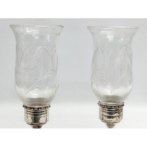 5 - A pair of Late 20th Century Irish silver candlesticks/candleholders, with etched glass shades. Stamp... 