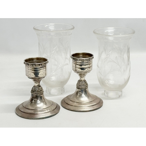 5 - A pair of Late 20th Century Irish silver candlesticks/candleholders, with etched glass shades. Stamp... 