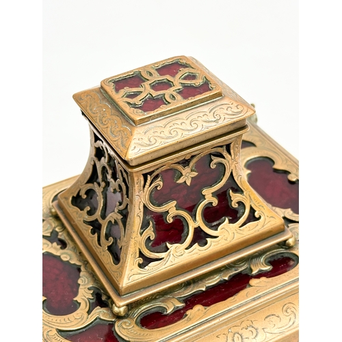 88 - A Mid 19th Century glass boulle style inkstand, mounted with brass open fret. 15x13x10cm