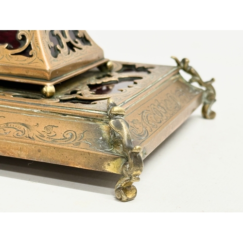 88 - A Mid 19th Century glass boulle style inkstand, mounted with brass open fret. 15x13x10cm