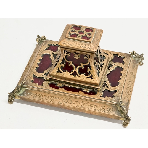 88 - A Mid 19th Century glass boulle style inkstand, mounted with brass open fret. 15x13x10cm