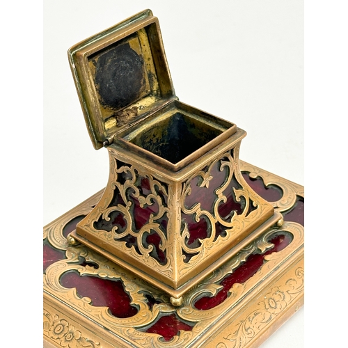 88 - A Mid 19th Century glass boulle style inkstand, mounted with brass open fret. 15x13x10cm