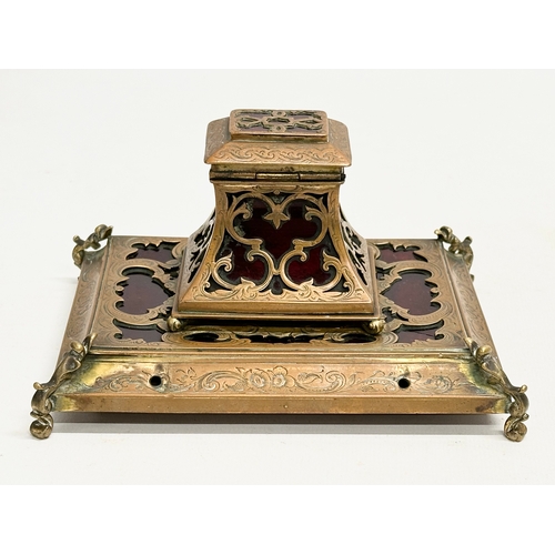 88 - A Mid 19th Century glass boulle style inkstand, mounted with brass open fret. 15x13x10cm