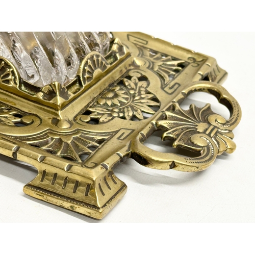 96 - A Late 19th Century Victorian pierced brass inkstand. Makers name. 24x17cm