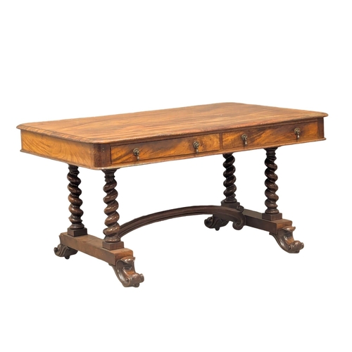 819 - A large Early Victorian mahogany library table with Barley Twist supports raised on Cabriole legs. 1... 