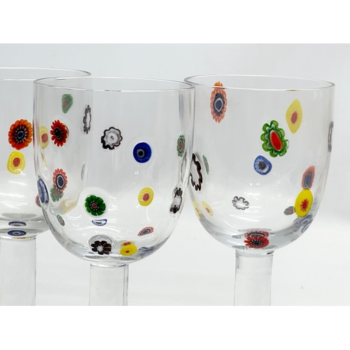 196 - A set of 6 Murano style  ‘Leonardo’ millefiori wine glasses.  9x18.5cm