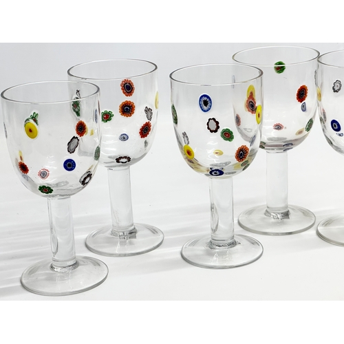 196 - A set of 6 Murano style  ‘Leonardo’ millefiori wine glasses.  9x18.5cm