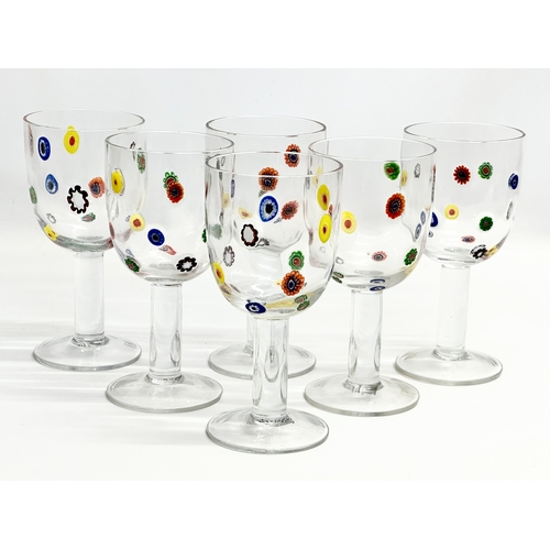 196 - A set of 6 Murano style  ‘Leonardo’ millefiori wine glasses.  9x18.5cm