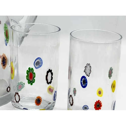 197 - A Murano style ‘Leonardo’ millefiori pitcher and 2 glasses. Jug 24cm. Glasses 14.5cm