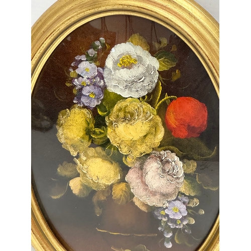 249 - A pair of still life oil paintings by R. Rosini. In oval gilt frames and convex glass panels. Frames... 