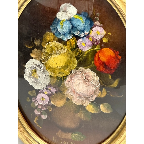 249 - A pair of still life oil paintings by R. Rosini. In oval gilt frames and convex glass panels. Frames... 