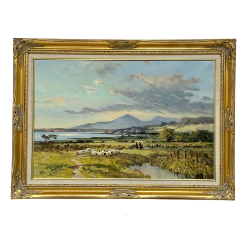 280 - William Cunningham. Oil on canvas. Dundrum Fields & The Mournes. 76cm x 51cm. Frame 92.5cm x 67.5cm.