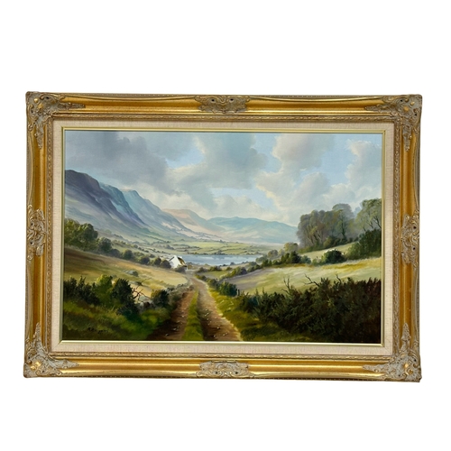 282 - Robert B. Higgins (R.B.Higgins) oil on canvas. Road to the Lake. 76cm x 51cm. Frame 92cm x 67cm.