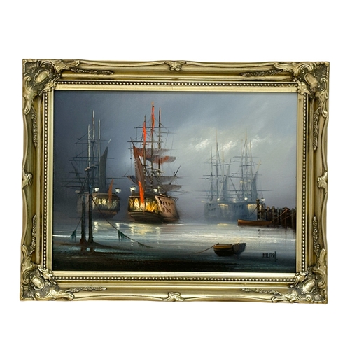 283 - Barry Hilton (b.1941) oil on canvas. Galleons in The Harbour. 40.5cm x 30.5cm. Frame 49cm x 39cm.