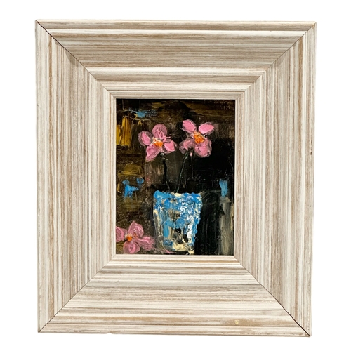 290 - Colin Flack. Oil on board. Still Life Flowers and Vase.  16cm x 22cm. Frame 37cm x 43cm.