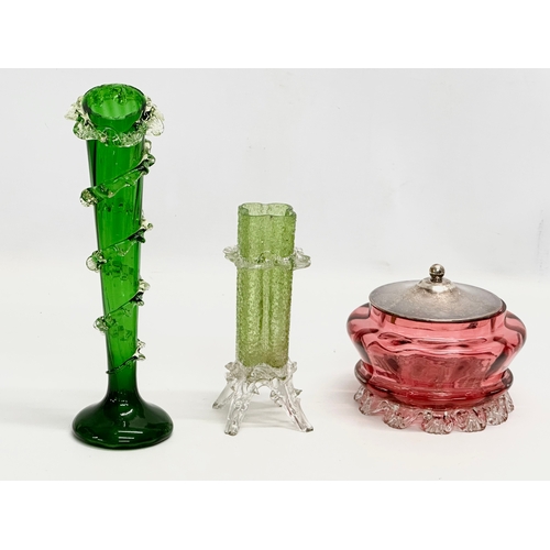 367A - 3 pieces of Late 19th Century coloured glassware. Uranium glass vase 25.5cm.