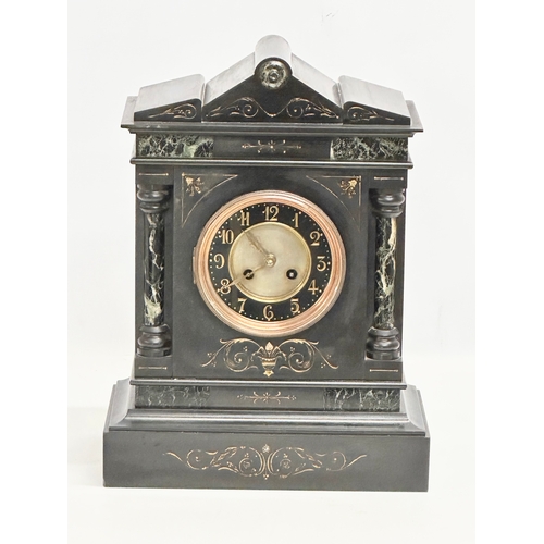 362A - A large Late 19th Century Victorian painted inlaid slate mantle clock with marble columns. With keys... 