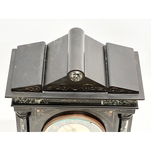 362A - A large Late 19th Century Victorian painted inlaid slate mantle clock with marble columns. With keys... 