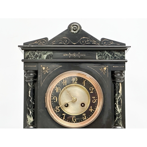 362A - A large Late 19th Century Victorian painted inlaid slate mantle clock with marble columns. With keys... 