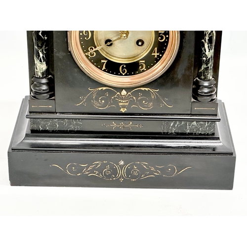 362A - A large Late 19th Century Victorian painted inlaid slate mantle clock with marble columns. With keys... 