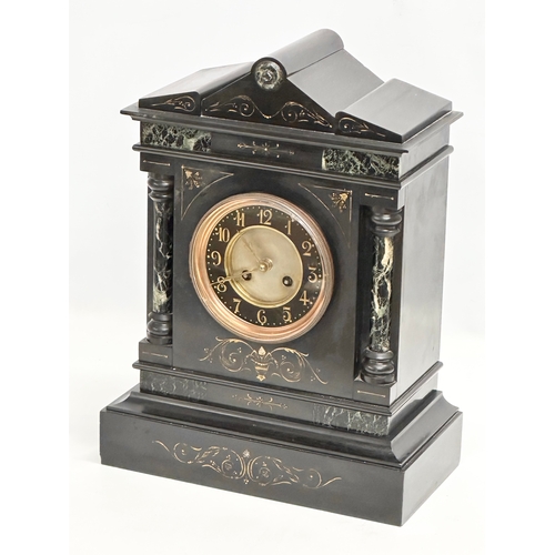 362A - A large Late 19th Century Victorian painted inlaid slate mantle clock with marble columns. With keys... 