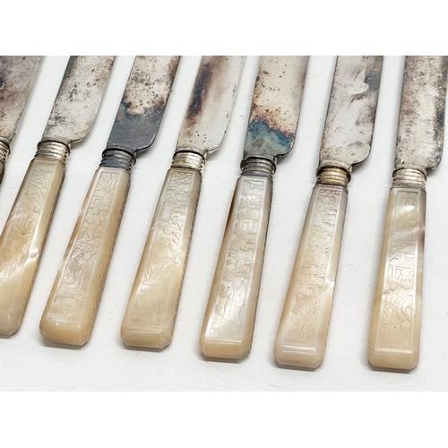 370C - An Early 20th Century silver plated cutlery set with Chinese style mother of pearl handles.