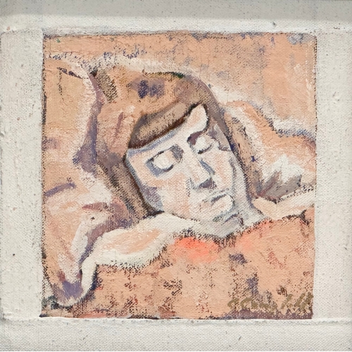 380A - Con Campbell. Oil on canvas. Woman Sleeping. 21cm x 21.5cm. Frame 33cm x 33cm.