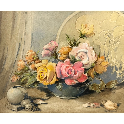 350A - Robert Kilpatrick. Watercolour drawing. Still Life Roses & Vase. 39cm x 32cm. Frame 57cm x 51cm