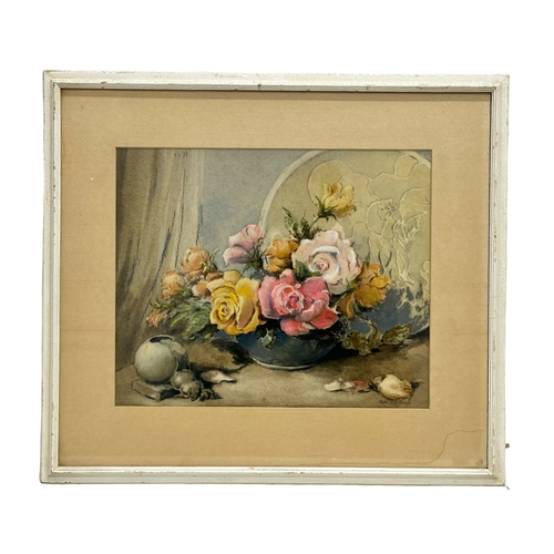 350A - Robert Kilpatrick. Watercolour drawing. Still Life Roses & Vase. 39cm x 32cm. Frame 57cm x 51cm