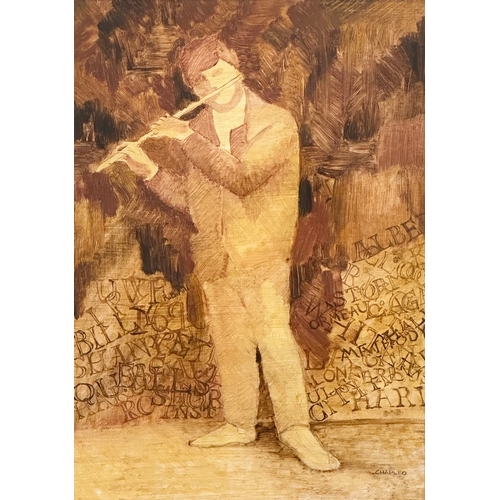 390A - Beatrice Chapleo. A.R.U.A.  U.S.W.A. Oil on card. Belfast Flautist. 25cm x 36cm. Frame 40cm x 51.5cm... 